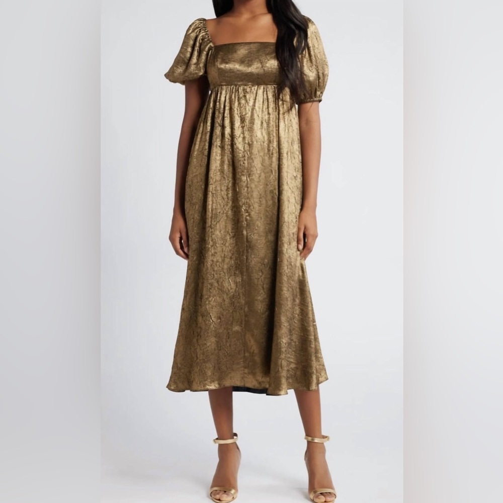 MOON RIVER Gold Shimmer Midi Dress Elegant Gold Puff Sleeve Dress M nwt - Picture 2 of 7
